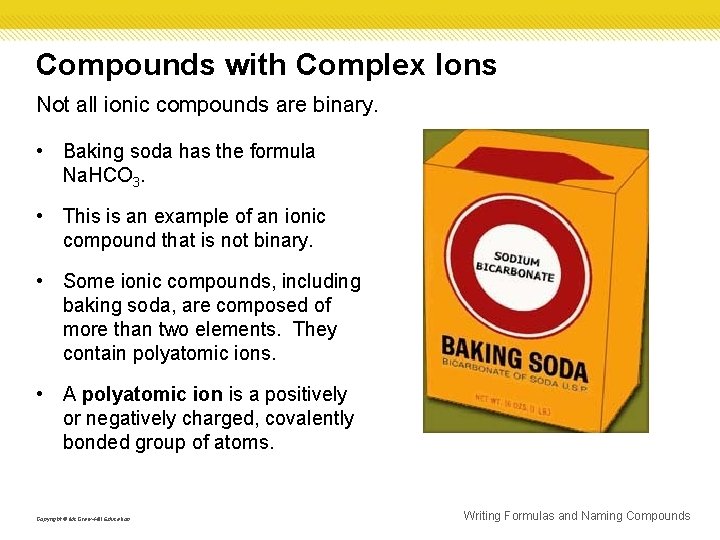 Compounds with Complex Ions Not all ionic compounds are binary. • Baking soda has