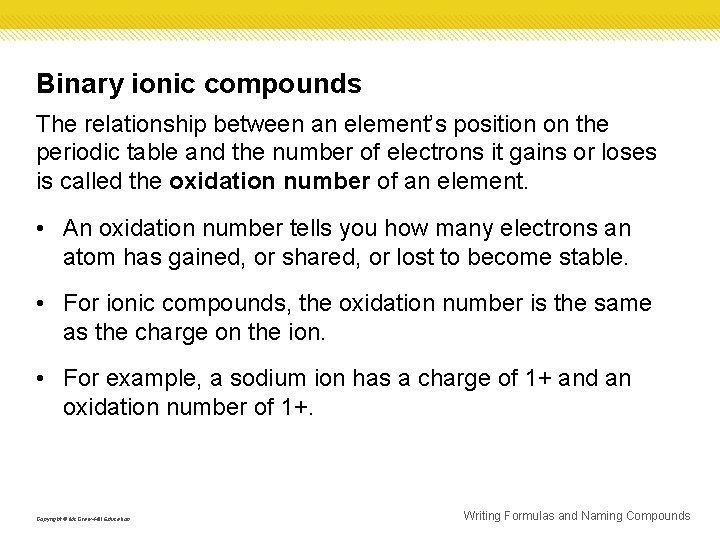 Binary ionic compounds The relationship between an element’s position on the periodic table and Binary ionic compounds The relationship between an element’s position on the periodic table and