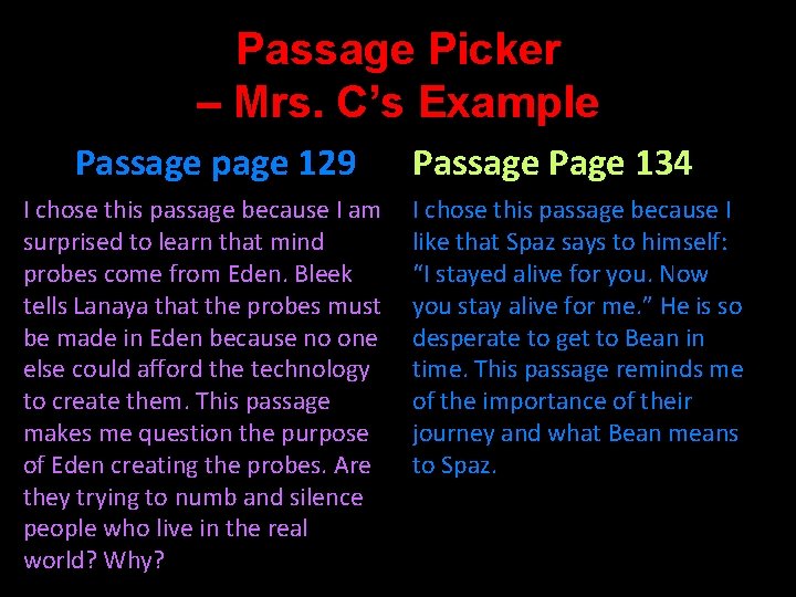 Passage Picker – Mrs. C’s Example Passage page 129 I chose this passage because