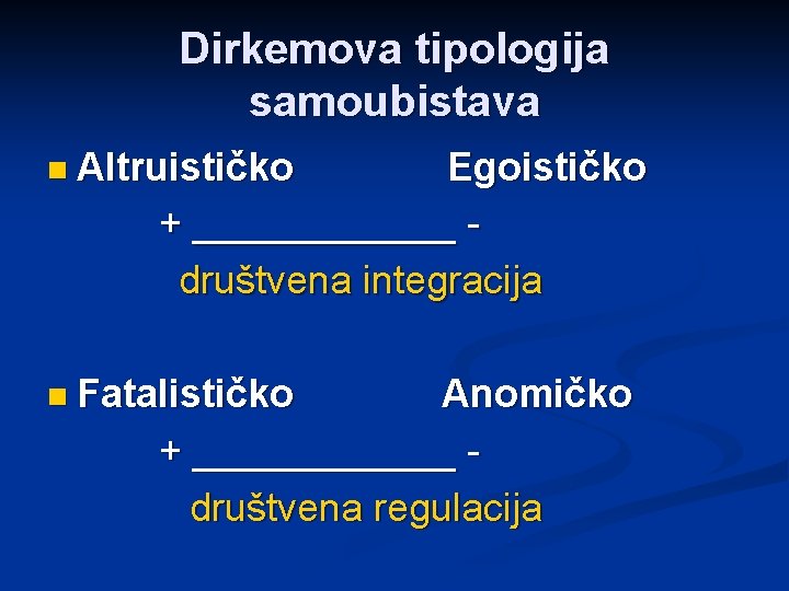 Dirkemova tipologija samoubistava n Altruističko Egoističko + ______ društvena integracija n Fatalističko Anomičko +