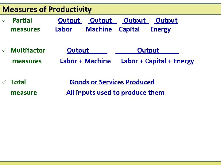 Measures of Productivity ü Partial measures ü Multifactor measures ü Total measure Output Labor