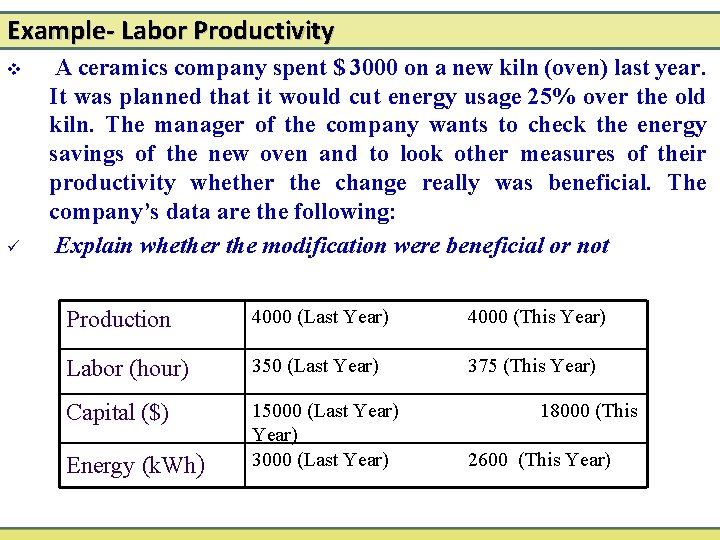 Example- Labor Productivity v ü A ceramics company spent $ 3000 on a new