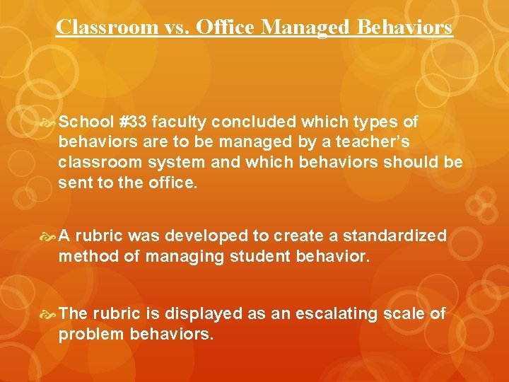 Classroom vs. Office Managed Behaviors School #33 faculty concluded which types of behaviors are