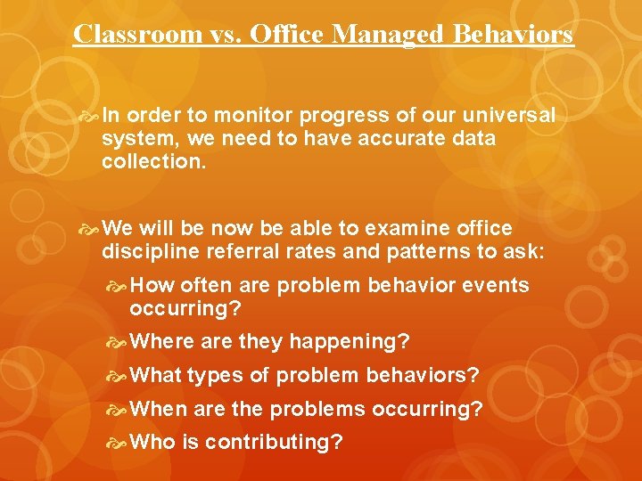 Classroom vs. Office Managed Behaviors In order to monitor progress of our universal system,