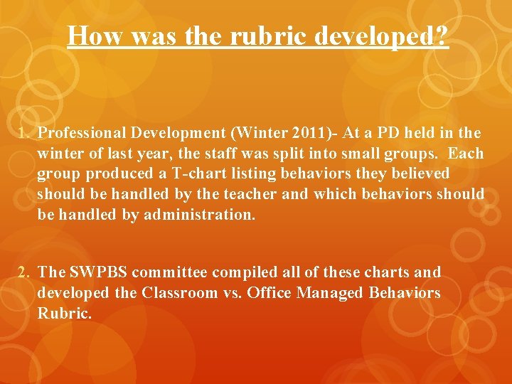 How was the rubric developed? 1. Professional Development (Winter 2011)- At a PD held