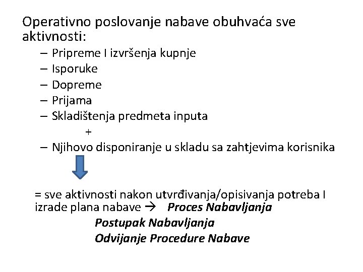 Operativno poslovanje nabave obuhvaća sve aktivnosti: – Pripreme I izvršenja kupnje – Isporuke –