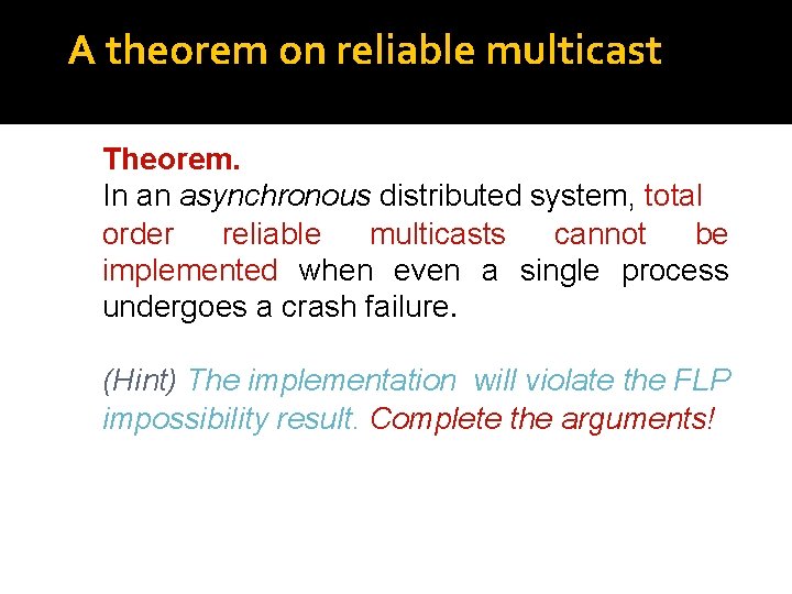 A theorem on reliable multicast Theorem. In an asynchronous distributed system, total order reliable