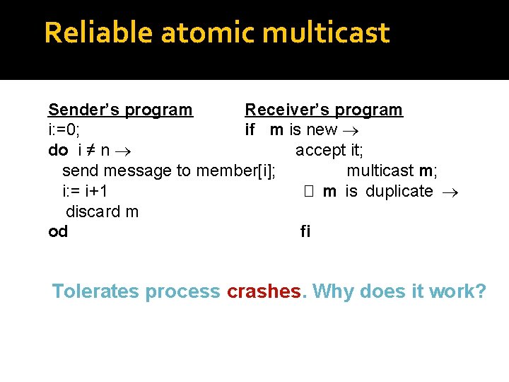 Reliable atomic multicast Sender’s program Receiver’s program i: =0; if m is new do