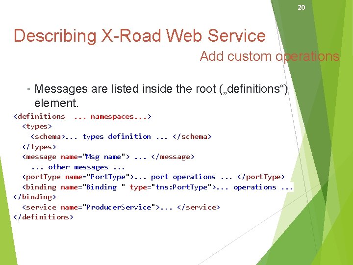 20 Describing X-Road Web Service Add custom operations • Messages are listed inside the