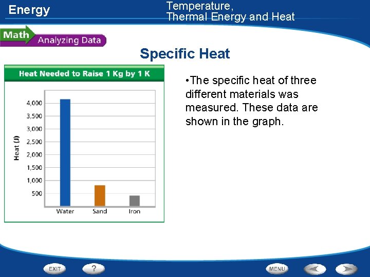 Energy Temperature, Thermal Energy and Heat Specific Heat • The specific heat of three
