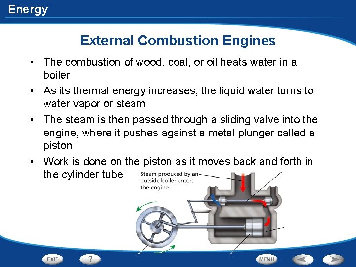 Energy External Combustion Engines • The combustion of wood, coal, or oil heats water