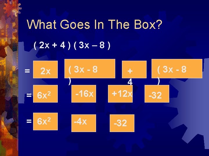 What Goes In The Box? ( 2 x + 4 ) ( 3 x