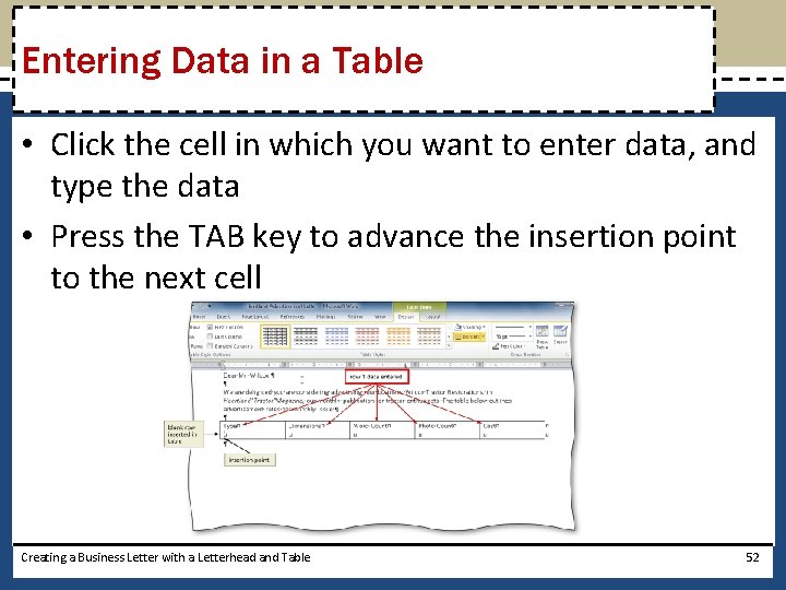 Entering Data in a Table • Click the cell in which you want to