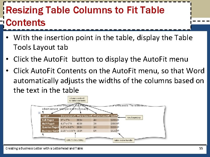 Resizing Table Columns to Fit Table Contents • With the insertion point in the