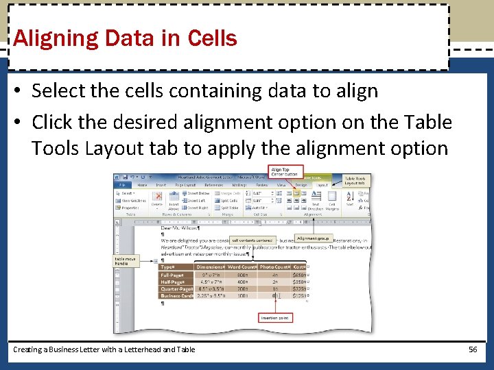 Aligning Data in Cells • Select the cells containing data to align • Click