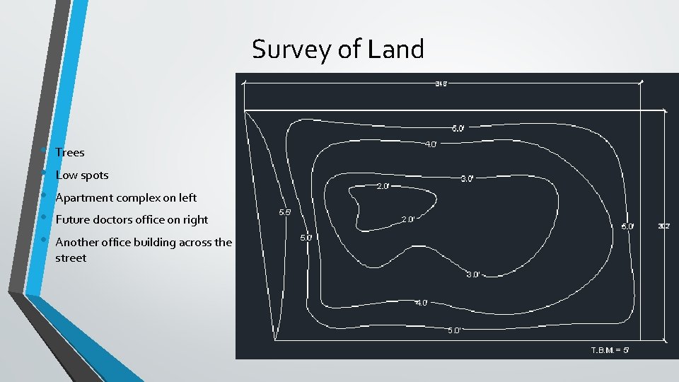 Survey of Land • • • Trees Low spots Apartment complex on left Future