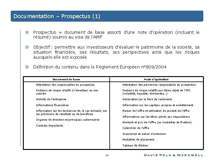 Documentation – Prospectus (1) Prospectus = document de base assorti d’une note d’opération (incluant