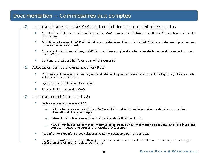 Documentation – Commissaires aux comptes Lettre de fin de travaux des CAC attestant de