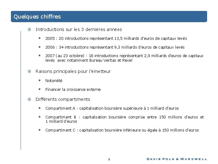 Quelques chiffres Introductions sur les 3 dernières années § 2005 : 20 introductions représentant