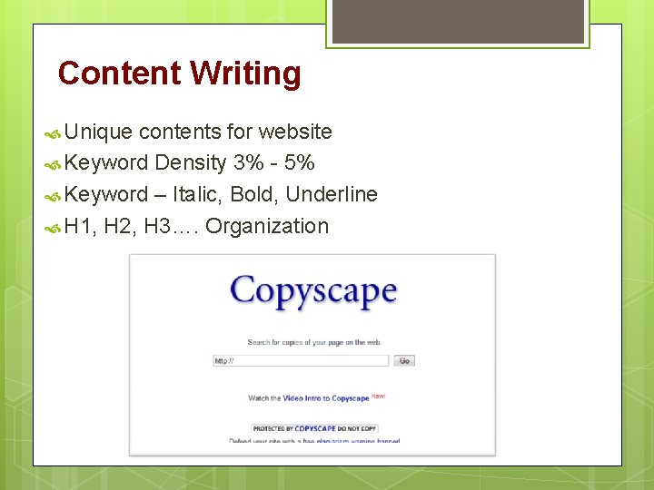 Content Writing Unique contents for website Keyword Density 3% - 5% Keyword – Italic,