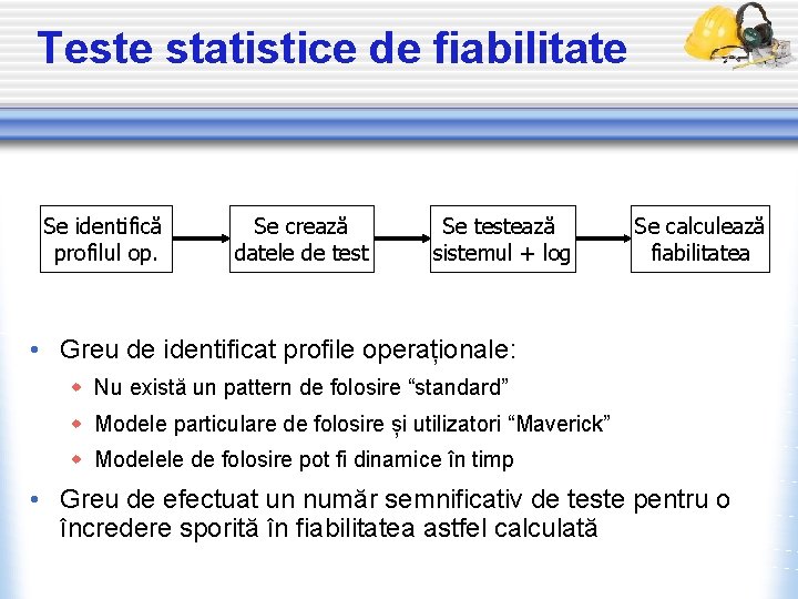 Teste statistice de fiabilitate Se identifică profilul op. Se crează datele de test Se