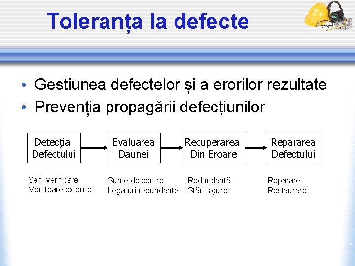 Toleranța la defecte • Gestiunea defectelor și a erorilor rezultate • Prevenția propagării defecțiunilor