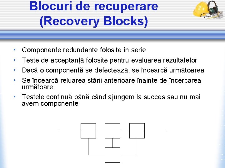 Blocuri de recuperare (Recovery Blocks) • • Componente redundante folosite în serie Teste de