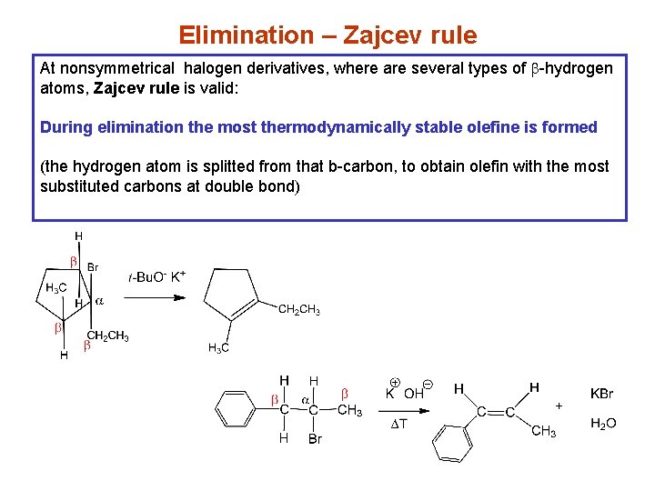 Elimination – Zajcev rule At nonsymmetrical halogen derivatives, where are several types of b-hydrogen
