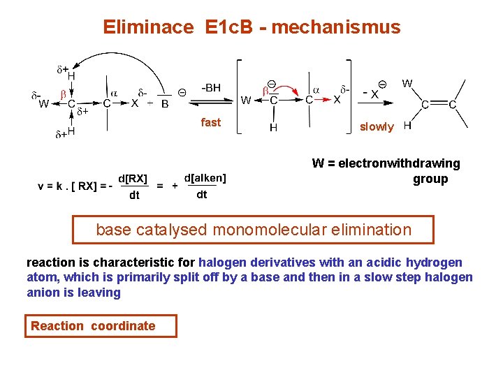 Eliminace E 1 c. B - mechanismus W – je elektronakceptor fast slowly W