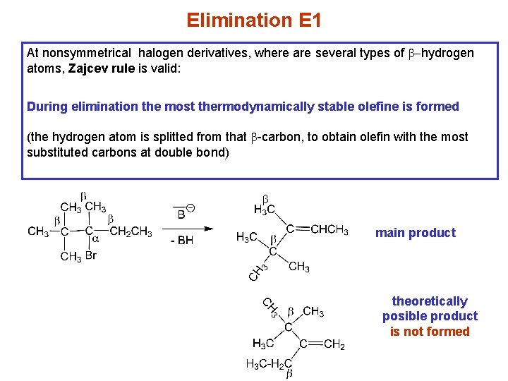 Elimination E 1 At nonsymmetrical halogen derivatives, where are several types of b-hydrogen atoms,