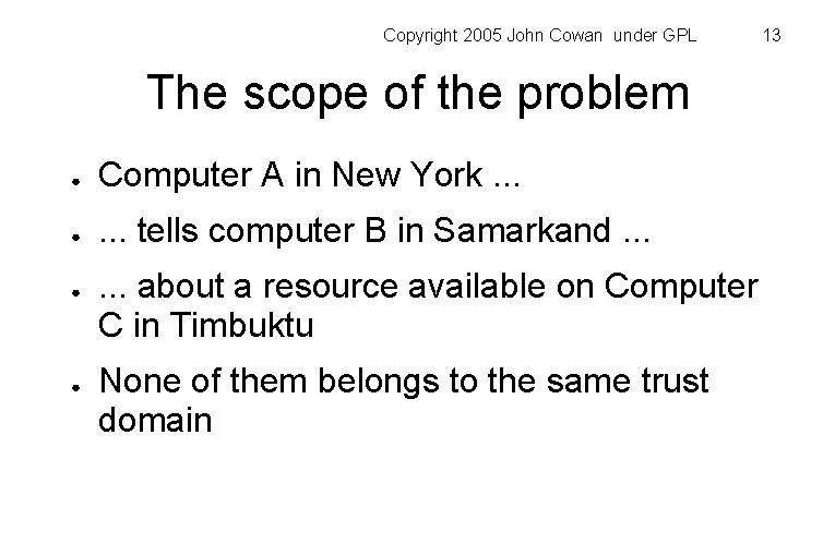 Copyright 2005 John Cowan under GPL The scope of the problem ● Computer A