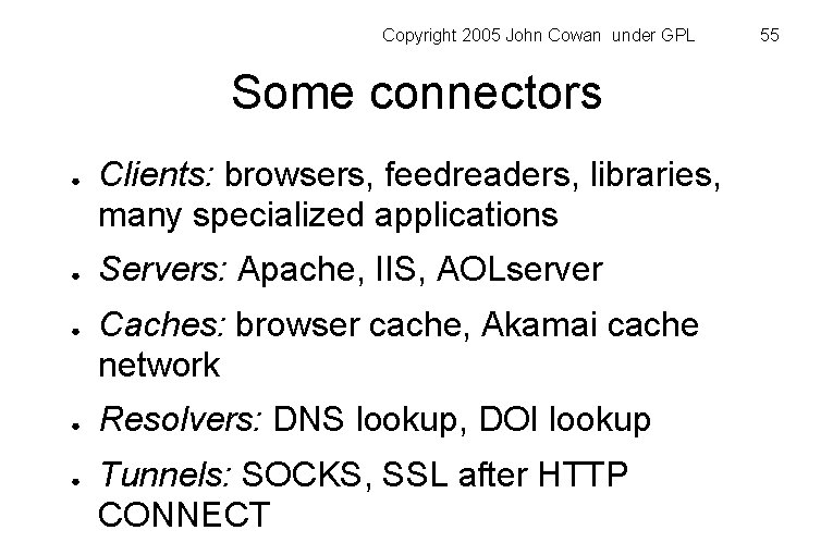 Copyright 2005 John Cowan under GPL Some connectors ● ● ● Clients: browsers, feedreaders,