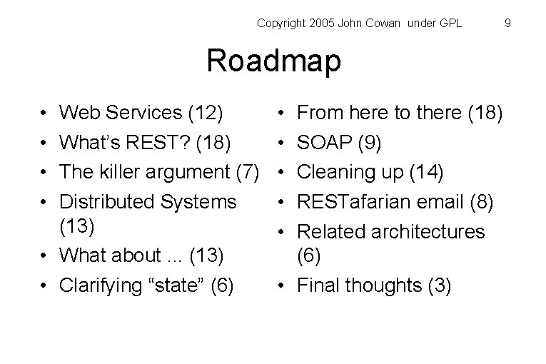 Copyright 2005 John Cowan under GPL Roadmap • • Web Services (12) What’s REST?