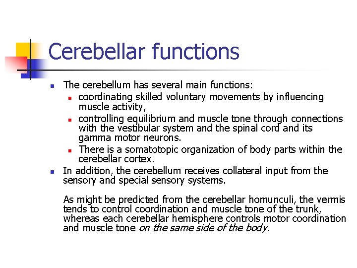 Cerebellar functions n n The cerebellum has several main functions: n coordinating skilled voluntary