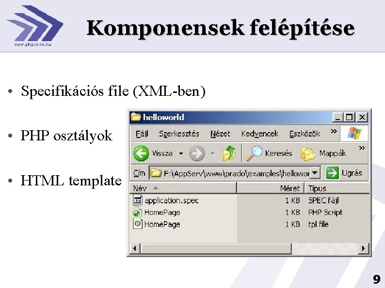 Komponensek felépítése • Specifikációs file (XML-ben) • PHP osztályok • HTML template 9 