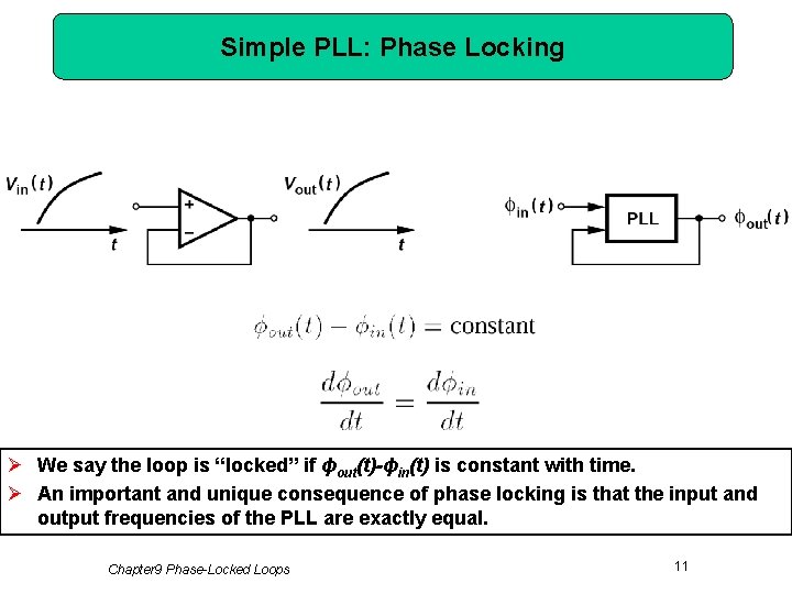 Simple PLL: Phase Locking Ø We say the loop is “locked” if ϕout(t)-ϕin(t) is