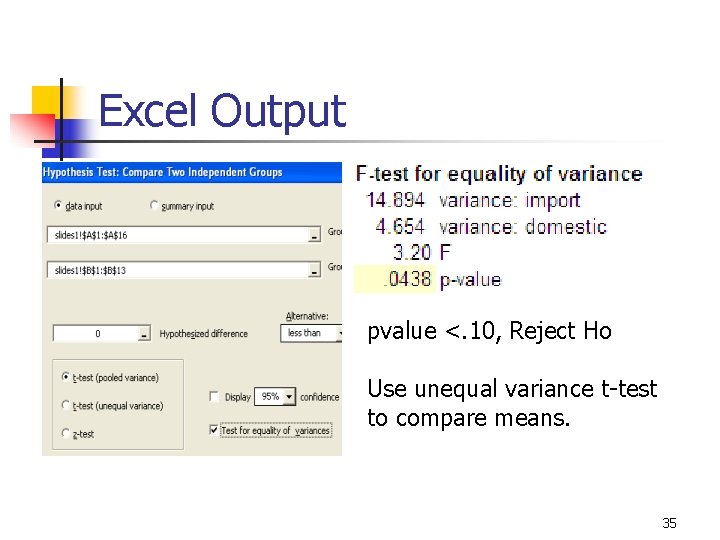 Excel Output pvalue <. 10, Reject Ho Use unequal variance t-test to compare means.