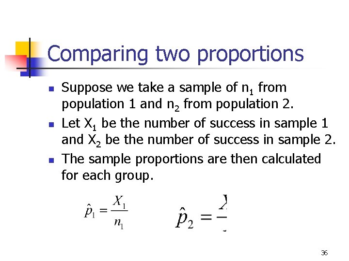 Comparing two proportions n n n Suppose we take a sample of n 1