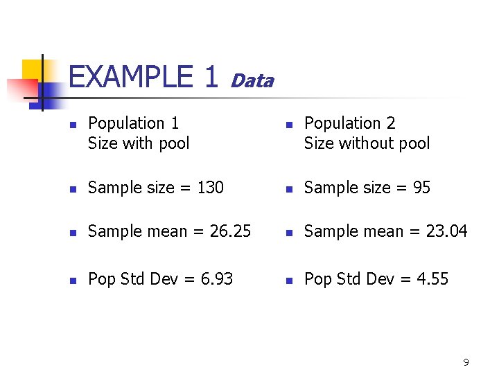 EXAMPLE 1 Data n Population 1 Size with pool n Population 2 Size without