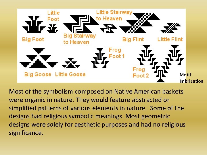 Motif Imbrication Most of the symbolism composed on Native American baskets were organic in
