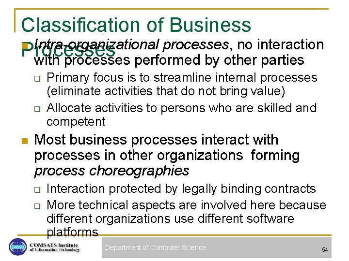 Classification of Business n Intra-organizational processes, no interaction Processes with processes performed by other