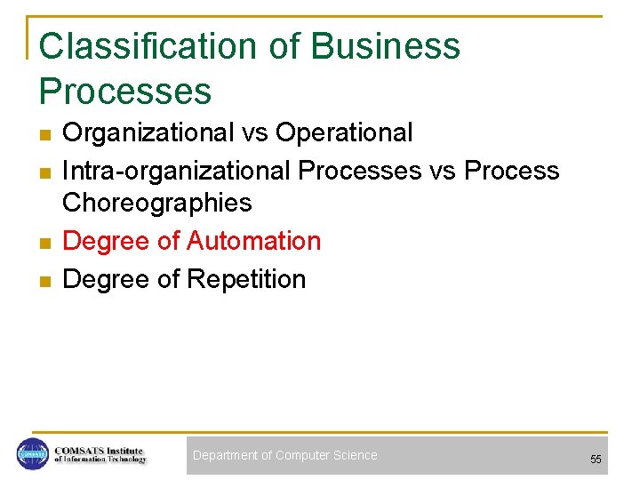 Classification of Business Processes n n Organizational vs Operational Intra-organizational Processes vs Process Choreographies