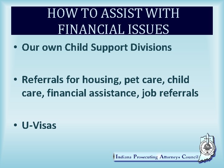 HOW TO ASSIST WITH FINANCIAL ISSUES • Our own Child Support Divisions • Referrals