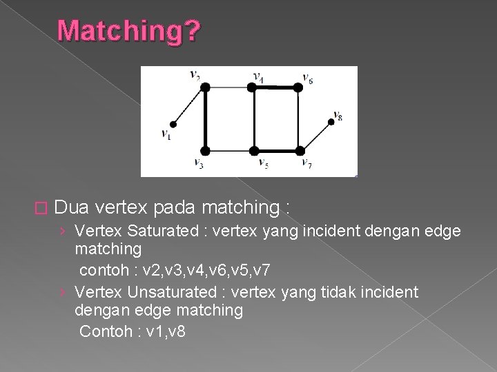 Matching? � Dua vertex pada matching : › Vertex Saturated : vertex yang incident