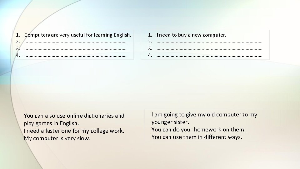 1. 2. 3. 4. Computers are very useful for learning English. ……………………………………………………………………. You can