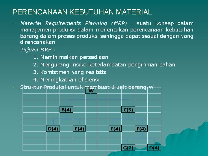 PERENCANAAN KEBUTUHAN MATERIAL - - - Material Requirements Planning (MRP) : suatu konsep dalam