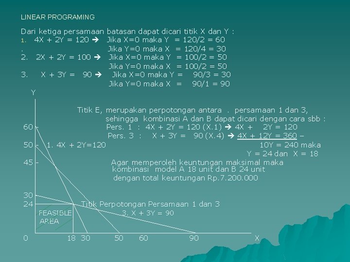 LINEAR PROGRAMING Dari ketiga persamaan 1. 4 X + 2 Y = 120 .