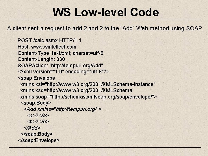 WS Low-level Code A client sent a request to add 2 and 2 to