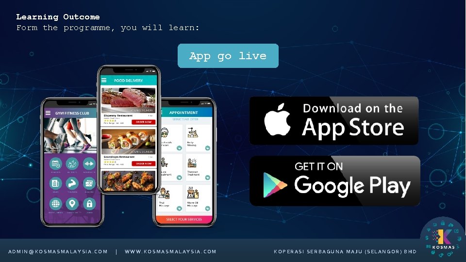 Learning Outcome Form the programme, you will learn: App go live ADMIN@KOSMASMALAYSIA. COM |