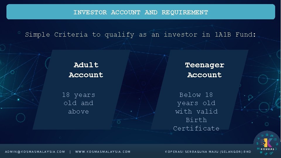 INVESTOR ACCOUNT AND REQUIREMENT Simple Criteria to qualify as an investor in 1 A